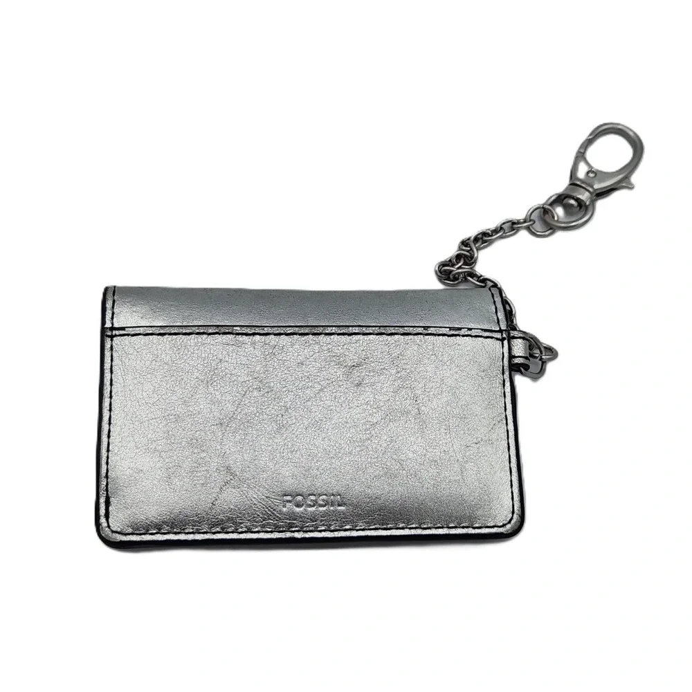 Fossil Valerie Leather‎ Card Case Silver Metallic Keychain Clip